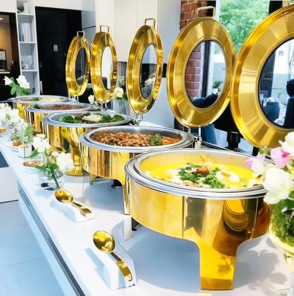 Bain Marie Food Warmer - Goud 6L roestvrij staal rond groot